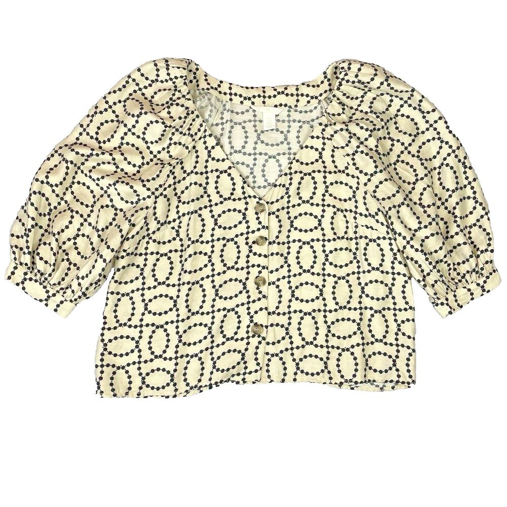 H&M Polka Dot Button Down Blouse Women’s Med Cream Black V Neck 3/4 Sleeve Top